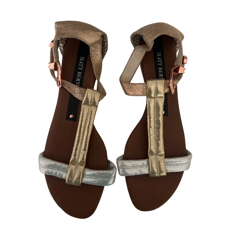 Matt Bernson Metallic Leather‎ Wedge Sandals Gold Silver Rose Gold Womens 8